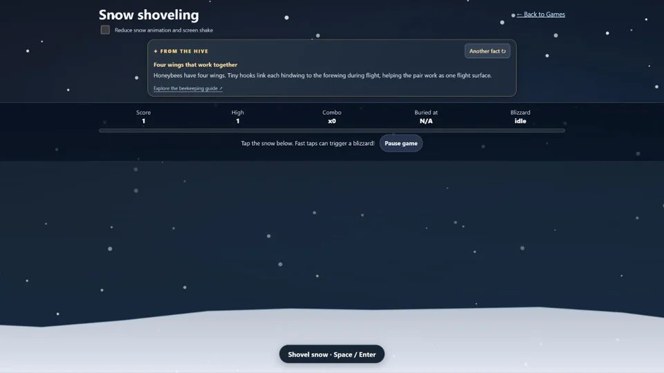 Falling snow piling up in the snow shoveling game.