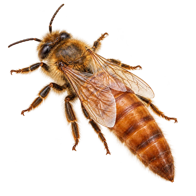 Queen honeybee with an elongated abdomen extending beyond her folded wings