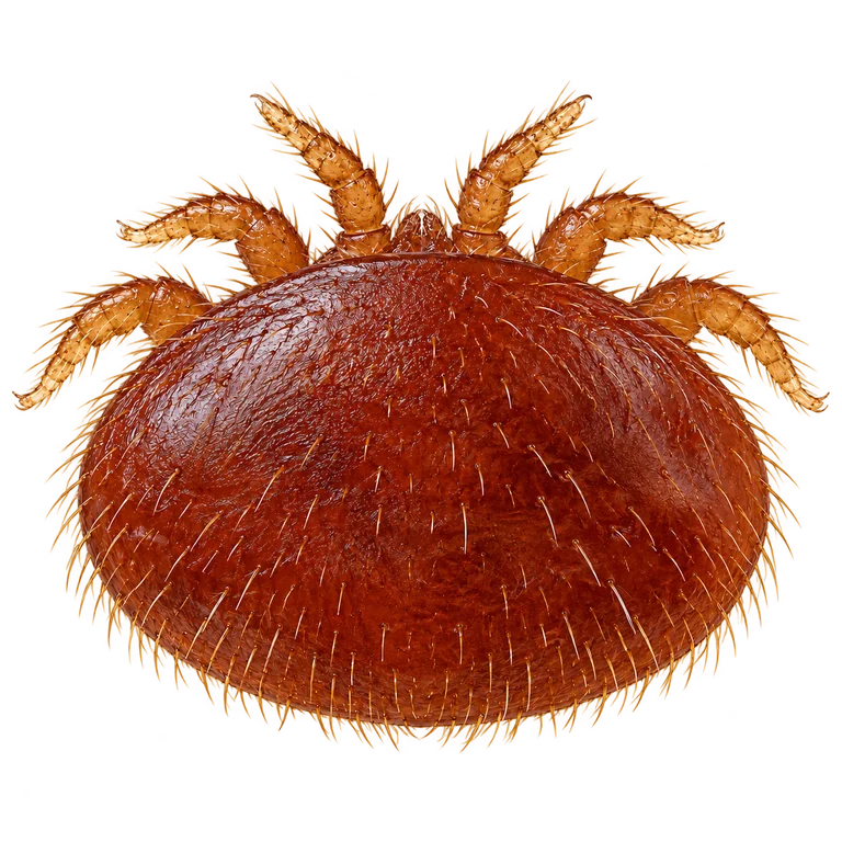 Adult female Varroa mite with a flattened reddish-brown oval body