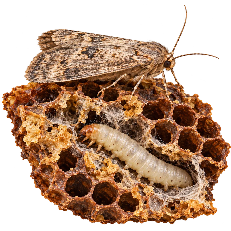 Greater wax moth adult and waxworm larva beside damaged, webbed comb