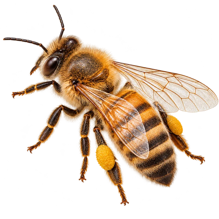 Worker honeybee with pollen loads on her hind legs